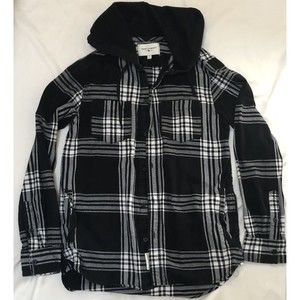 Modern Amusement Mens Size Small Shacket Hooded Long Sleeve Button Up Flannel